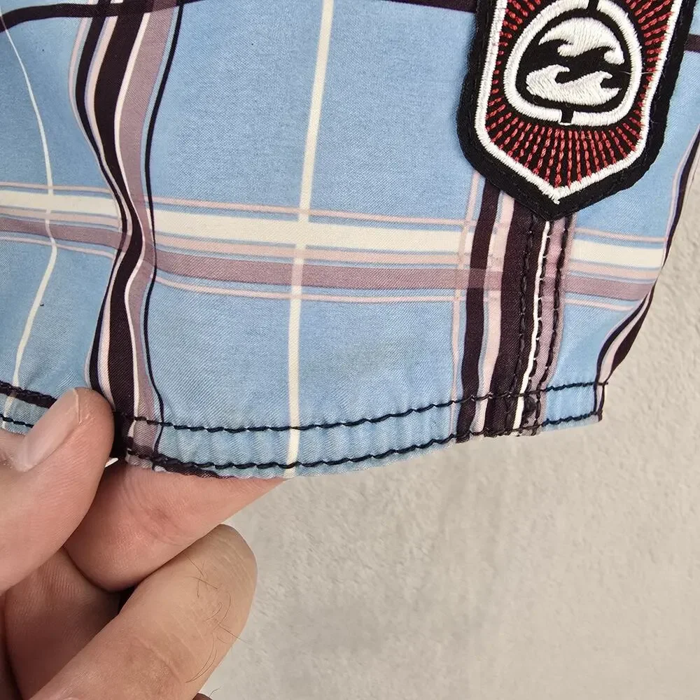 Vintage Billabong Board Shorts Mens 33 (Fits 34) Blue Plaid Skate Surf Swim Y2K